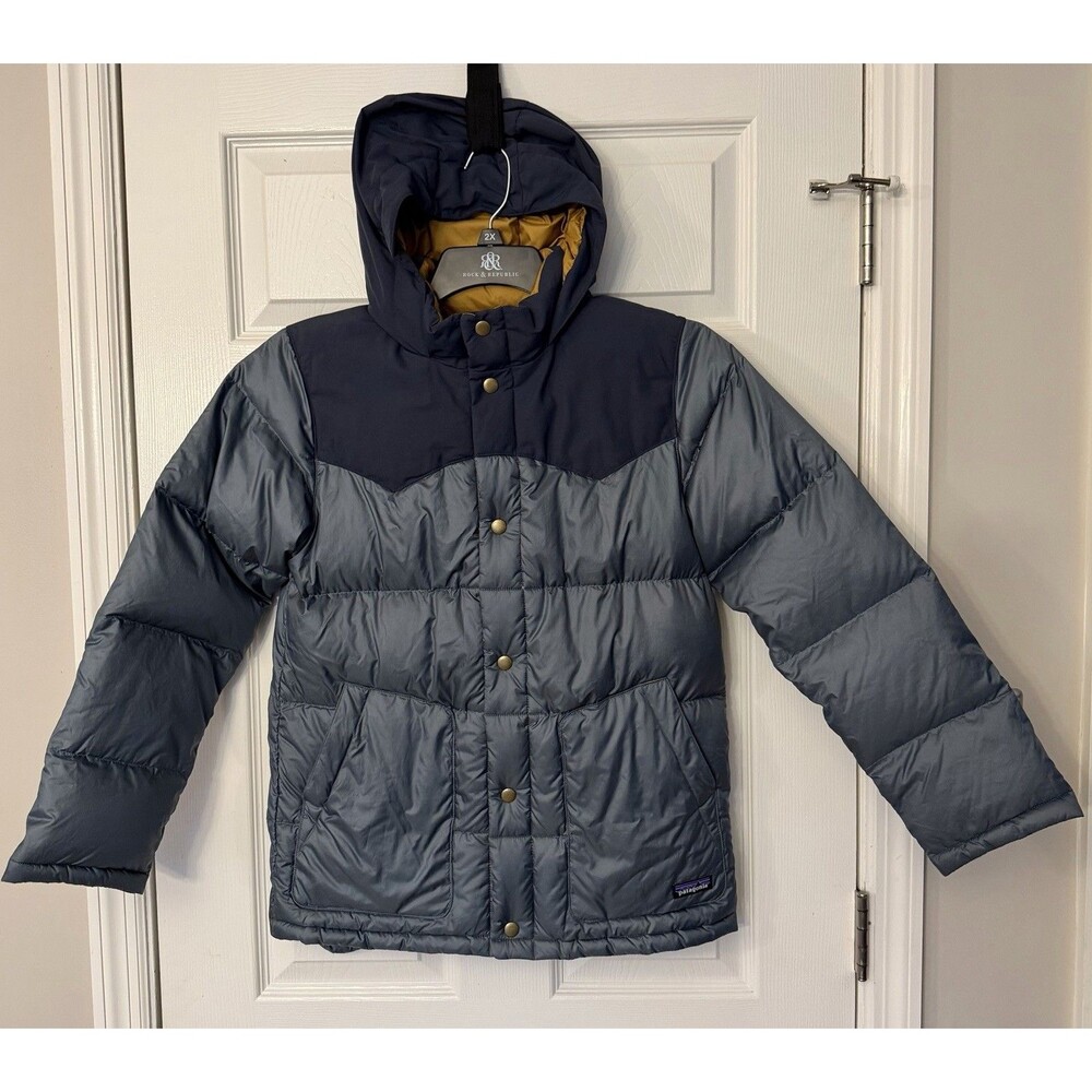 MINT Patagonia Boys Kids Bivy Down Hoody Hooded grey navy blue Coat Jacket XL 14